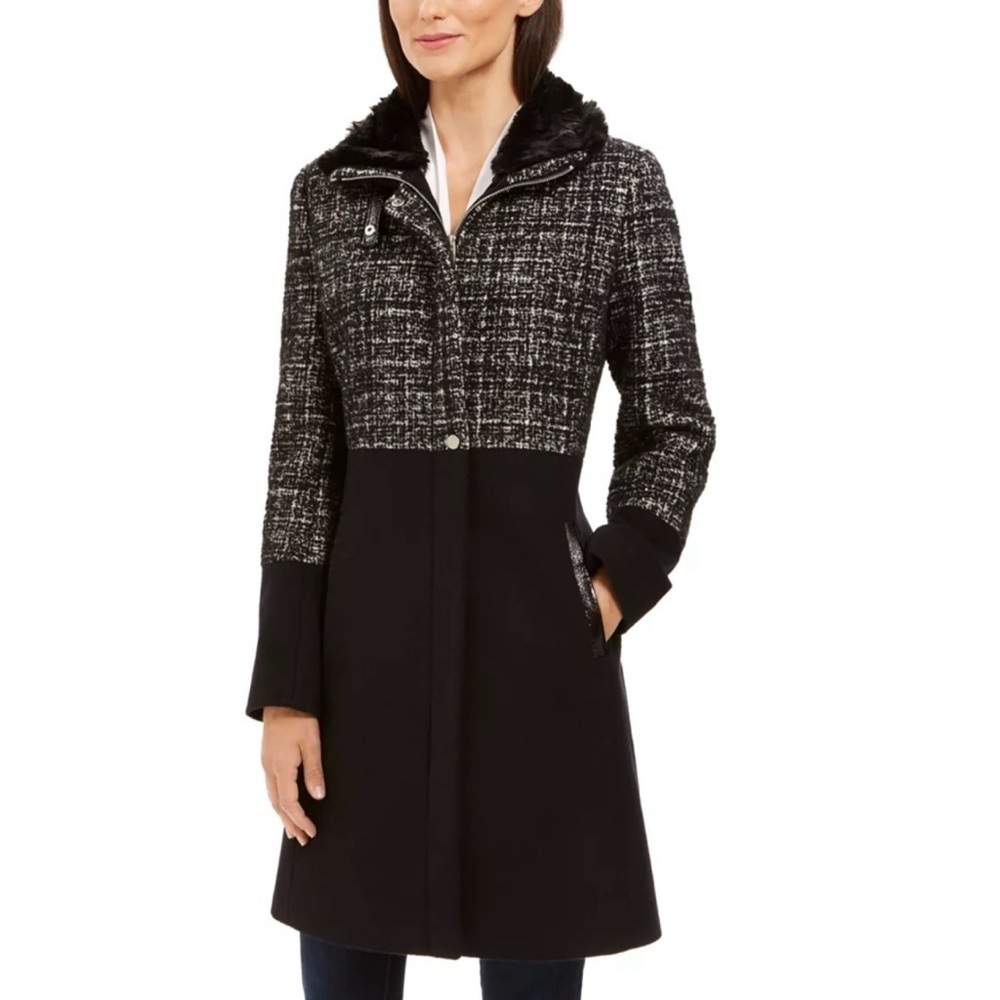 Via Spiga Tweed Faux-Fur-Collar Coat
